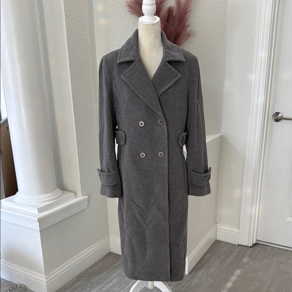Talbots Chic Gray Double-Breasted Wool Long Trench Coat Size 12
